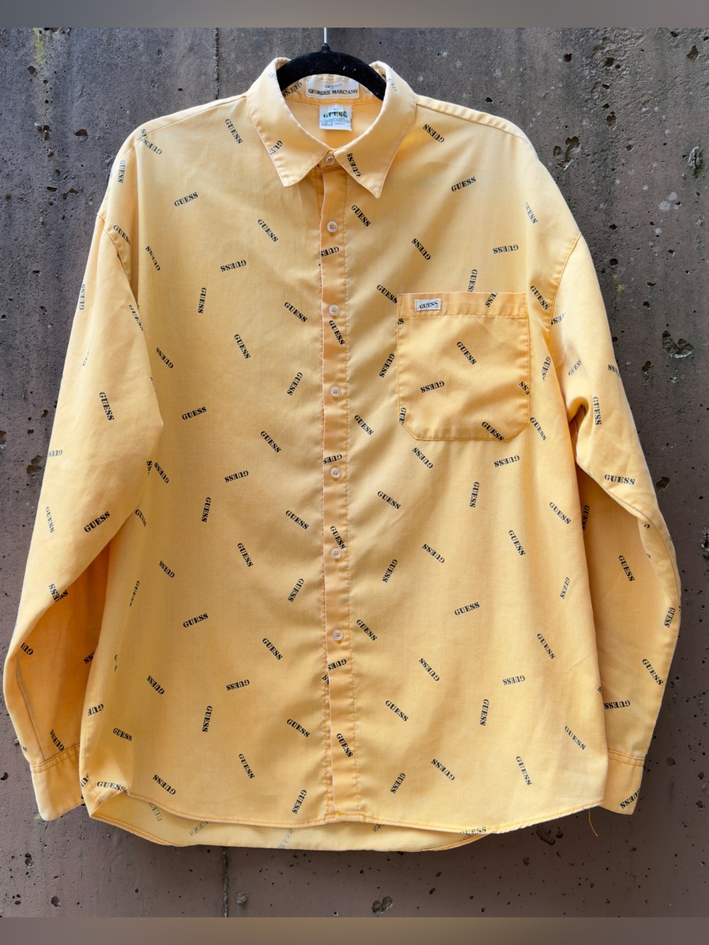 90s Guess yellow button up shirt with all over logo print sz large